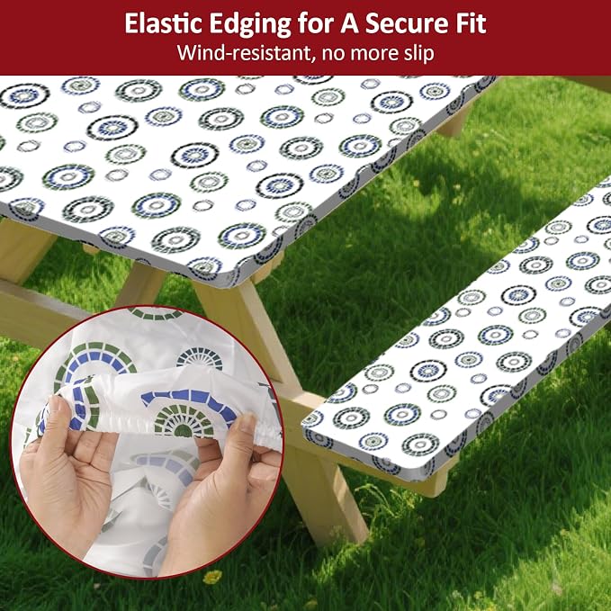 6ft Picnic Table and Bench Cover, Camping Essentials RV Gear, 72 in Waterproof Windproof Outdoor Elastic All Around Tablecloth, Fitted Rectangle Tables and Seats, Blue Flywheel