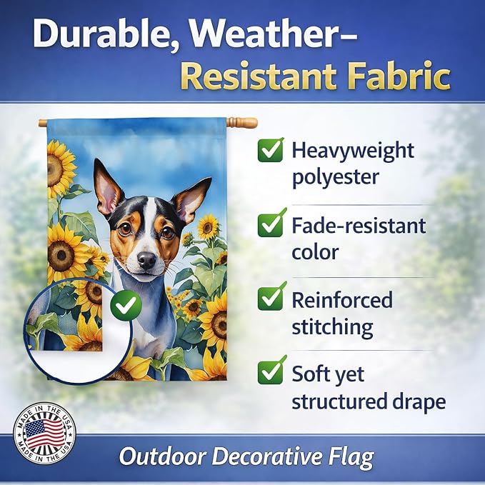 Caroline's Treasures DAC6147CHF Rat Terrier in Sunflowers House Flag Large Porch Sleeve Pole Decorative Outside Yard Banner Artwork Wall Hanging, Polyester, House Size, Multicolor