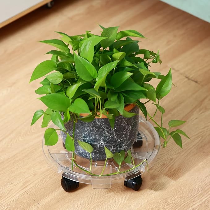 4 Packs 13 Inches Large Clear Plant Caddy Plant Saucers on Wheels Rolling Plant Stands Heavy-duty Plant Dolly Plastic Planter Roller Base Pot Movers Outdoor Plant Tray Coaster