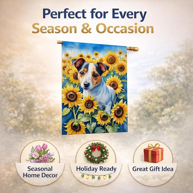 Caroline's Treasures DAC6102CHF Jack Russell Terrier in Sunflowers House Flag Large Porch Sleeve Pole Decorative Outside Yard Banner Artwork Wall Hanging, Polyester, House Size, Multicolor