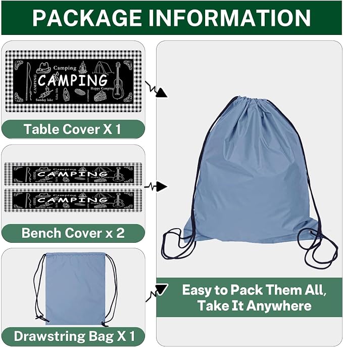 Picnic Table Cover with Bench Covers Elastic Edges, Black Camper Fitted Table Cover, Outdoor Patio Camping Essentials 72 Inch 3PCS, Waterproof Camping Fitted Tablecloth with Drawstring Bag