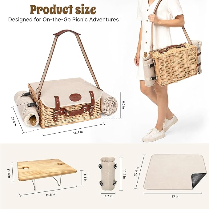 Hap Tim Multifunctional Wicker Picnic Basket Set for 2 with Picnic Table & Blankets, Gifts for Couple, Engagement, Wedding, Bridal Shower, Family, White Elephant(Y2604)