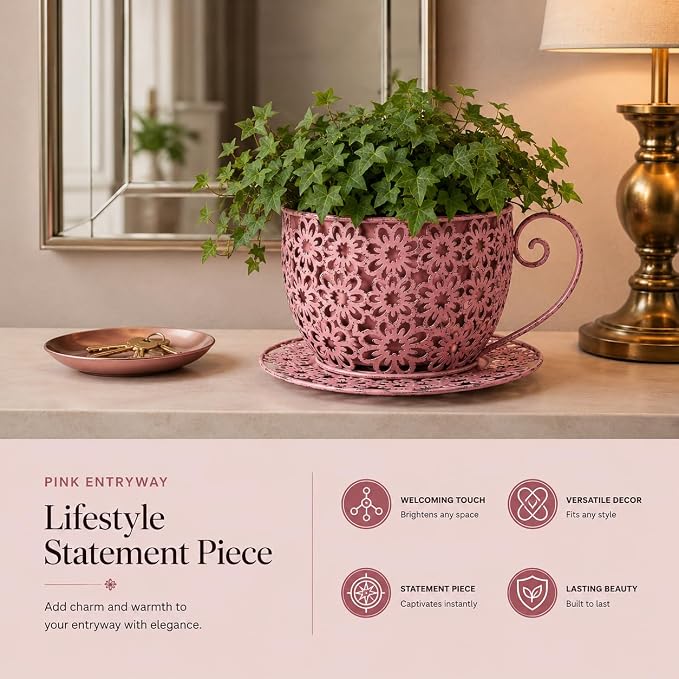 12 Inch Antique Metal Teacup Planter for Outdoor Plants Teapot Planter Floral Hollow Out Decorative Rustic Iron Flower Pot for Summer Garden Patio Home Decor (Vintage Rose)