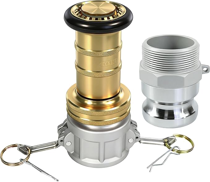 2" NPSH Brass Industrial Fire Hose Nozzle with 2 x Aluminum 2 inch Camlock Fittings Couplings Fire Equipment Constant Flow Heavy-Duty Fog Nozzle