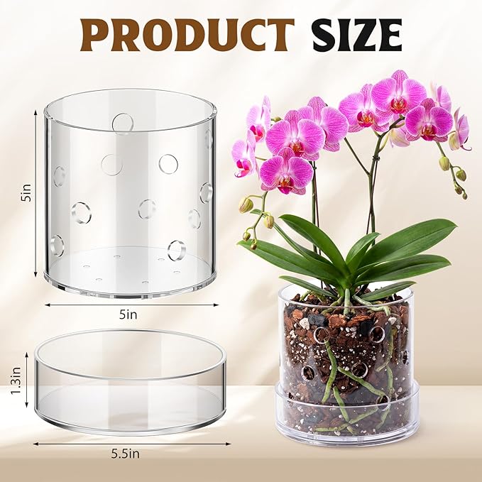 5 Inch Clear Acrylic Orchid Planter Pot with 360° Round Holes & Tray, Thick Acrylic Vented Planter for Phalaenopsis, Root Airflow, Bottom Watering & Indoor Orchid Repotting