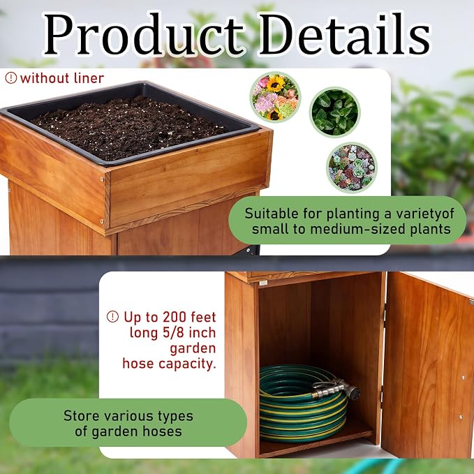 AceOrbit 2 in 1 Wood Hidden Hose Storage with Planter Box, Outdoor Decorative Flower Box with Storage Cabinet Holds up to 200 Feet of 5/8 Inch Hose for Patio, Porch & Garden Space-saving Decor
