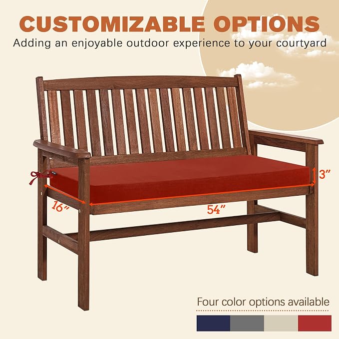 Favoyard Outdoor Bench Cushion 54 x 16 Inch Rainproof Patio Furniture Cushions 3-Year Color Fastness Garden Settee Porch Pads with Ties, Red