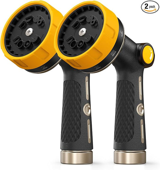 RAINPOINT Garden Hose Nozzle Heavy Duty - 100% Metal Thumb Control Spray Nozzles for Garden Hose High Pressure, 10 Patterns Water Hose Nozzle for Car Wash, Watering Lawn and Pets, Yellow2, 2 Pack