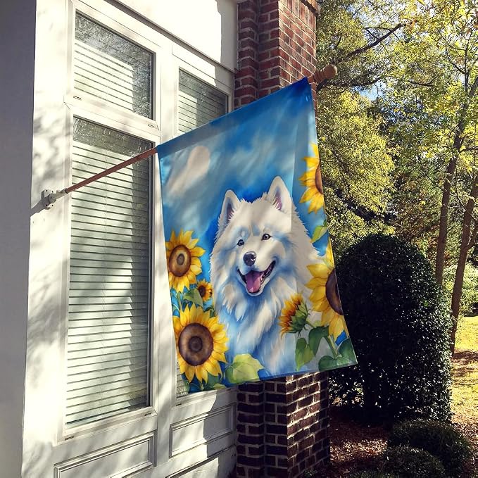 Caroline's Treasures DAC6153CHF Samoyed in Sunflowers House Flag Large Porch Sleeve Pole Decorative Outside Yard Banner Artwork Wall Hanging, Polyester, House Size, Multicolor