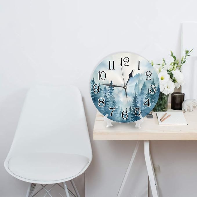 Forest Frameless Wall Clock Misty Mountain Nature Scenic with Foggy Woods and Pine Trees Light Blue White PVC Waterproof Non Ticking Bathroom Bedroom Battery Operated Wall Clock 10x10 Inch