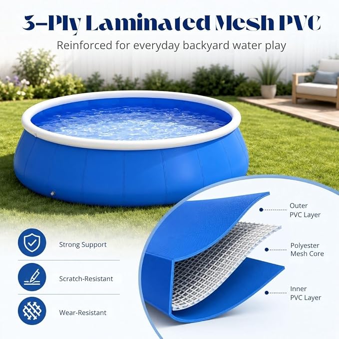 Large Inflatable Pool, 6 ft x 20 in (183 x 51 cm), Blue and White Round 3-Ply Laminated Mesh PVC Backyard Swimming Pool for 2-3 People, Foldable Kiddie Pool for Family Summer Fun