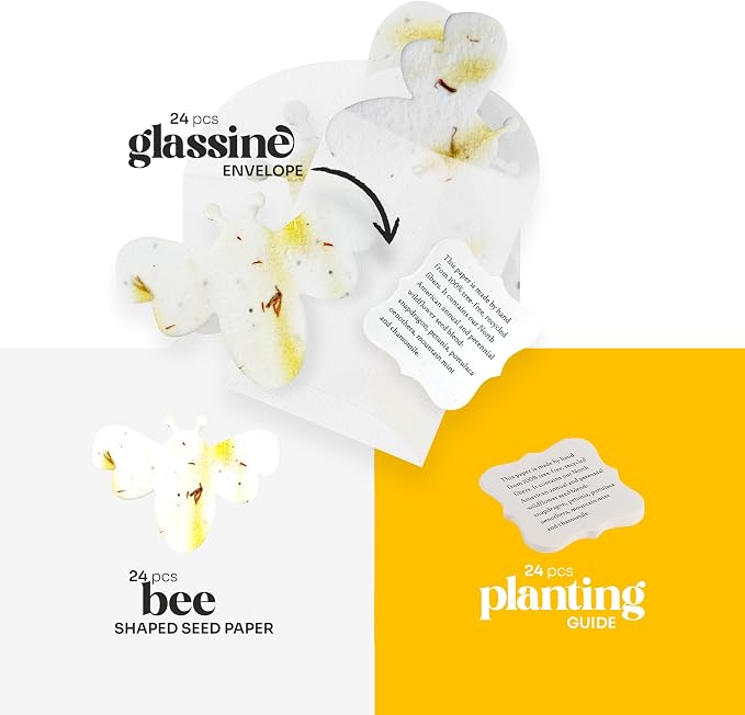 Yellow Bee Gift Tags with Wildflower Seeds - 24pcs Writable Gift Wrap Tags for Baby Showers, Mother's Day Present, Party Favors, DIY Crafts, & Earth Day Decorations