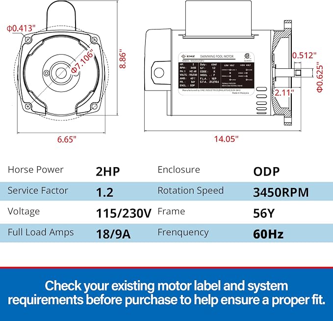 2 HP Single Speed Pool Pump Replacement Motor, Compatible with A.O. Smith Century B2855 B855, 115/230V, 3450 RPM, 56Y Square Flange, ODP, 1.2 Service Factor