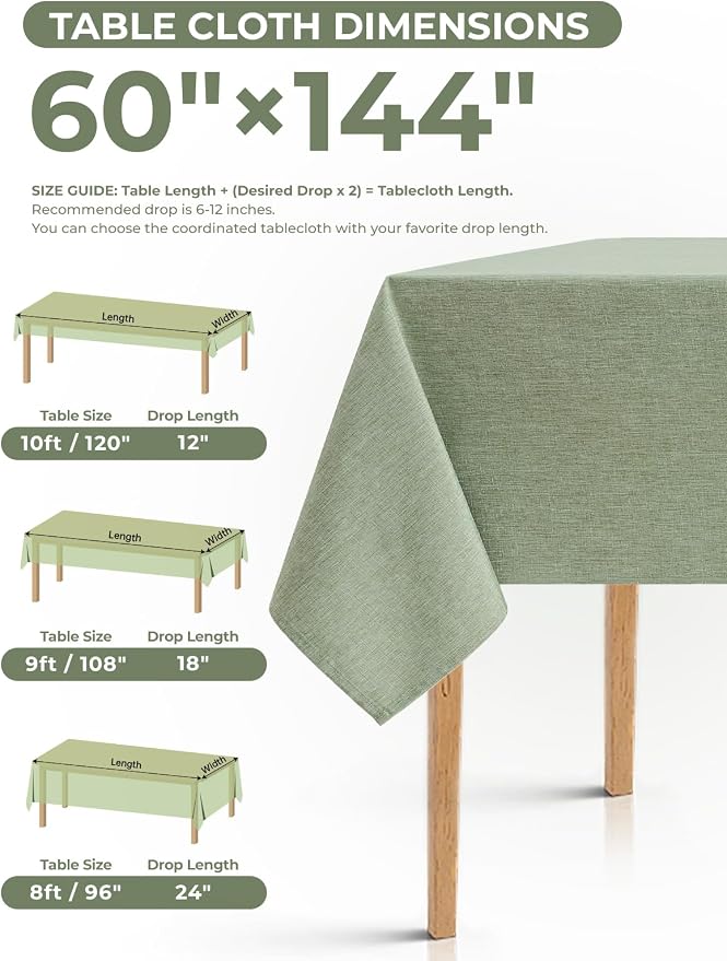 Faux Linen Farmhouse Table Cloth 60"x144" for 10 ft Rectangle Table, Sage Green Waterproof Outdoor Washable Cloth Tablecloth for Rectangular Dining Room Kitchen Outdoor Party Restaurant Table