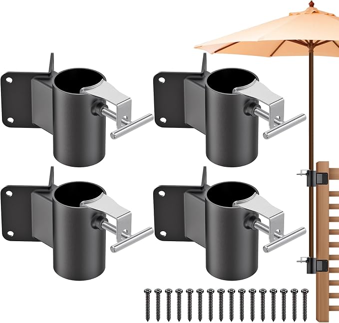 Heavy Duty Deck Railing Umbrella Holder, Patio Umbrella Stand for 1-2 Inch Poles, Space-Saving Design, Secure & Sturdy Corner Mount for Deck Railing, Balcony, Outdoor Courtyard, Fence, 2 Set