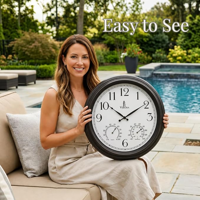 18 inch Outdoor Clocks for Patio Large Waterproof with Thermometer - Black Indoor Outdoor Clock with Temperature and Humidity for Wall - Weatherproof, Accurate & Easy to Read for Pool, Patio & Garden