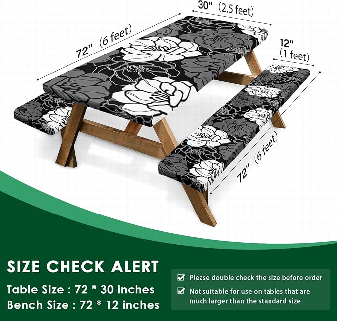 3 Piece Fitted Picnic Table Cover with Bench Covers, 72"x30" Full Elastic Edge Camping Tablecloth, Waterproof Wipeable RV Outdoor Patio Park Camping Essentials with Drawstring Bag (Flower