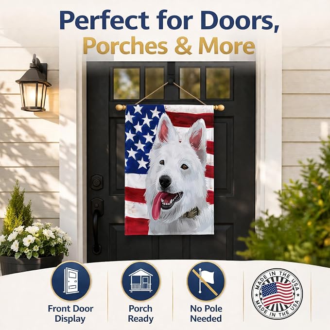 Caroline's Treasures CK6431CHF Berger Blanc Suisse American Flag House Flag Large Porch Sleeve Pole Decorative Outside Yard Banner Artwork Wall Hanging, Polyester, House Size, Multicolor