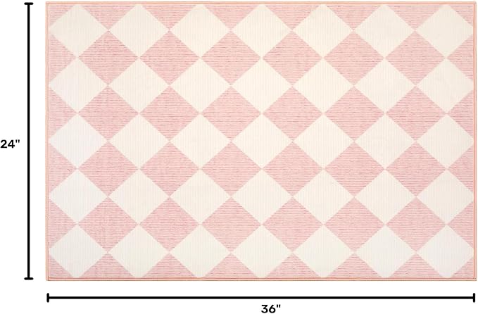 GarveeHome Checkered Entryway Rug 2x3 Pink Diamond Washable Front Door Rug | Soft Indoor Entrance Plaid Carpet Non-Slip Low Pile Throw Rugs for Kitchen Floor, Powder Room, Entry, Bathroom, Kids Room