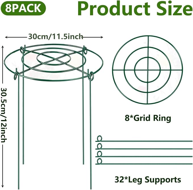 DAYUMKOU 8 Pack Peony Cages and Supports, 11.5" D x 12" H Plant Supports for Outdoor Plants, Heavy Duty Metal Peony Support Cage Flower Support Rings for Rose Hydrangea Strawberry