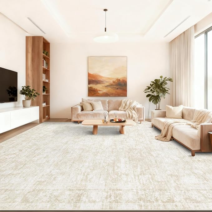 10x14 Area Rugs for Living Room: Washable Large Vintage Floral Rug Low Pile Non-Slip Boho Carpet for Bedroom Dining Home Office (Beige, 10'x14')