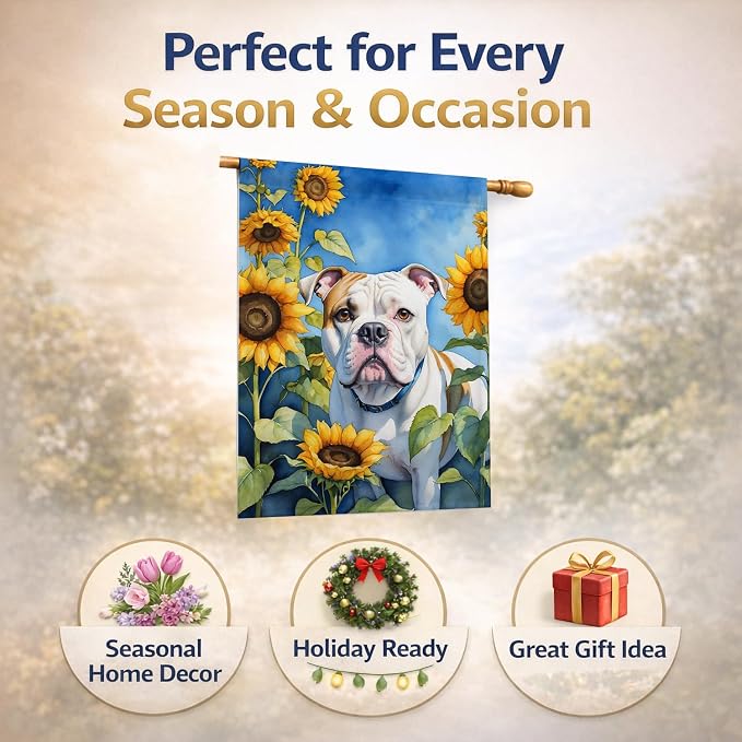 Caroline's Treasures DAC6006CHF American Bulldog in Sunflowers House Flag Large Porch Sleeve Pole Decorative Outside Yard Banner Artwork Wall Hanging, Polyester, House Size, Multicolor