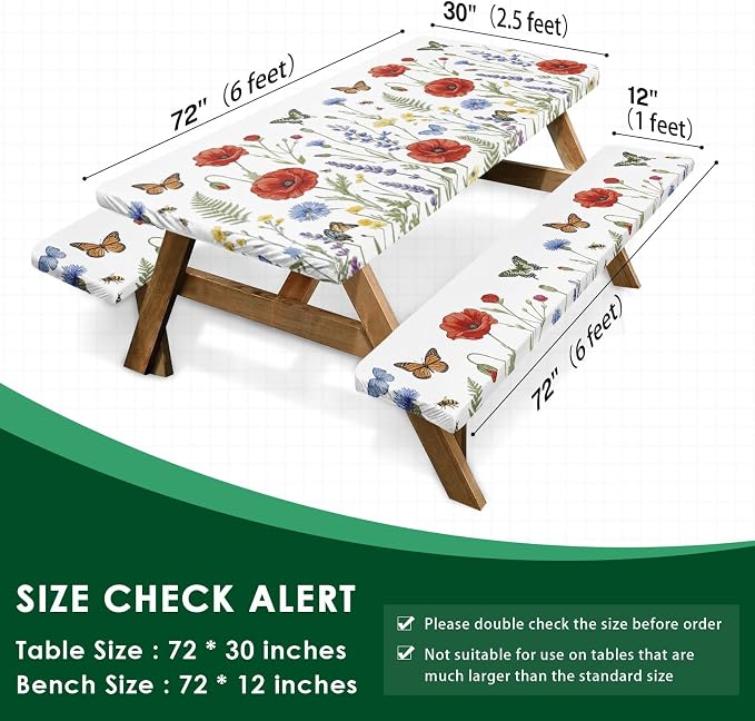Picnic Table Cover with Bench Covers Elastic Edges, Wildflower Camper Fitted Table Cover, Outdoor Camping Essentials 72 Inch 3PCS, Waterproof Camping Fitted Tablecloth with Drawstring Bag