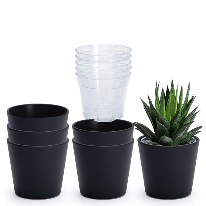 Phoenix Vine 4.5 Inch Black Plastic Cachepot with Clear Nursery Pot, Decorative Lightweight Planter Cover with Transparent Inner Pot for Indoor Houseplants, Pack of 6, 24-B-E-6