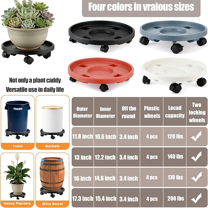 4-pack 17.3" Extra-large Plant Caddy with Wheels Plastic Plant Dolly with Locking Caster Flower Pot Mover Rollers Wheeled Rolling Plant Stands Round Plant Saucer Indoor Outdoor Base Coasters Gray