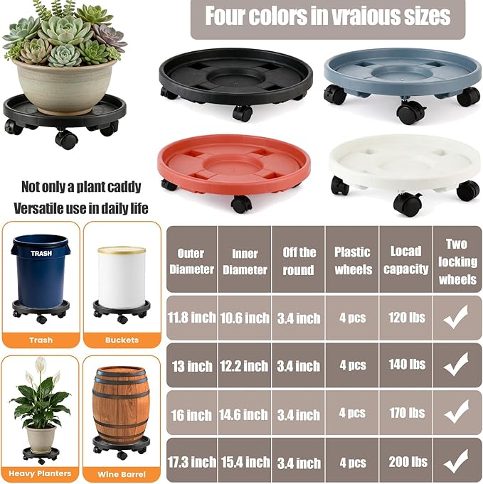 4-pack 16" Extra-large Plant Caddy with Wheels Plastic Plant Dolly with Locking Caster Flower Pot Mover Rollers Wheeled Rolling Plant Stands Round Plant Saucer Indoor Outdoor Base Coasters White