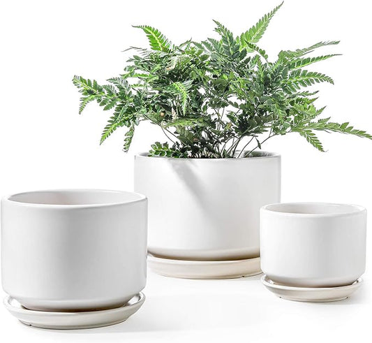 LE TAUCI Ceramic Pots for Plants, 4.3+5.3+6.8 Inch Plant Pots, Indoor Planters with Drainage Hole and Saucer for Succulents, Herbs and Flowers, Set of 3, Satin, White