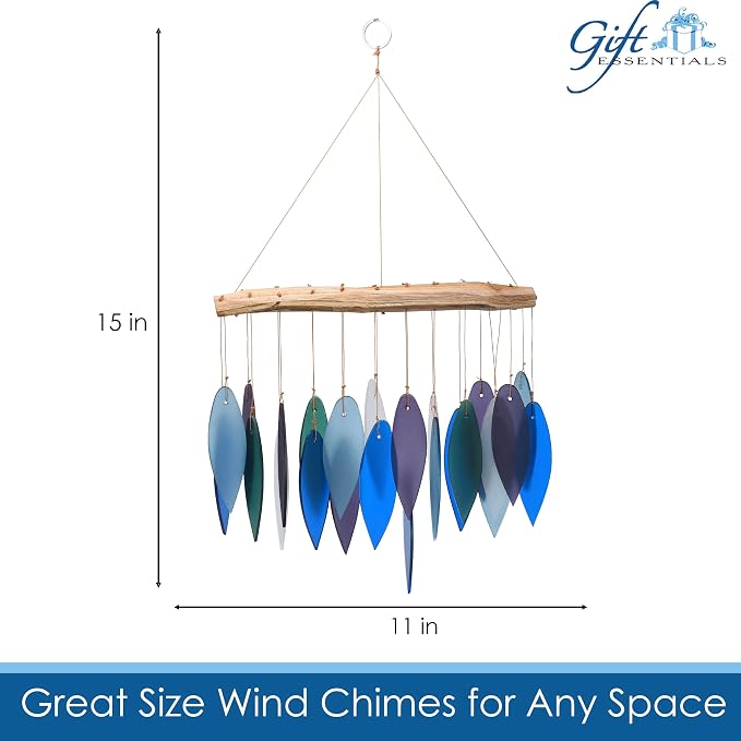 Blue Handworks Pacific Coast Glass Leaves Wind Chime | Sandblasted Glass and Found Wood Handcrafted Wind Chime