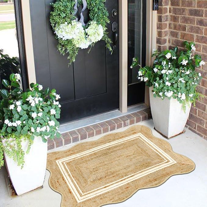 Front Door Rug - 2x3 Jute-Look Doormat Indoor Outdoor Entrance | Washable Non-Slip Door Mat Farmhouse Scalloped Small Throw Rugs for Entryway Bedroom Kitchen Mat for Floor Front Porch Decor