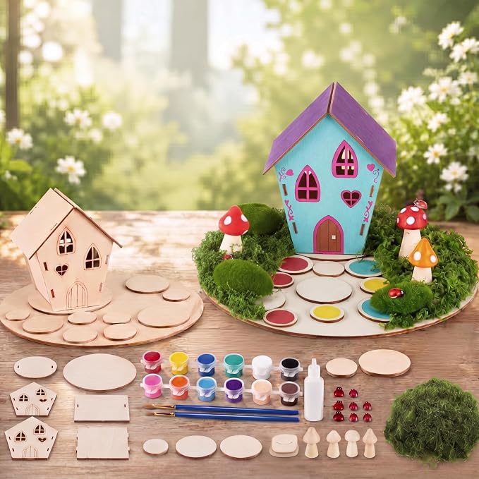 Kathfly 2 Sets Wooden Fairy House DIY Craft Kit for Kids with Paints & Decorations, Unpainted Miniature Garden Accessories for Home Event Party Decorations, Arts Birthday Party Favor (Fairy House)