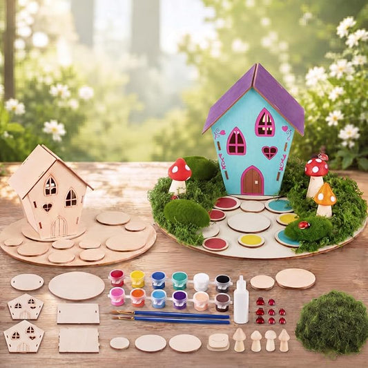 Kathfly 2 Sets Wooden Fairy House DIY Craft Kit for Kids with Paints & Decorations, Unpainted Miniature Garden Accessories for Home Event Party Decorations, Arts Birthday Party Favor (Fairy House)
