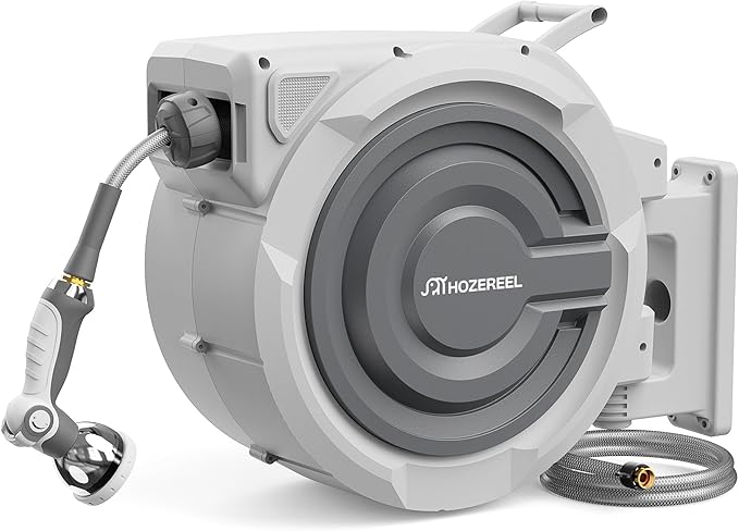 5/8" x 110 FT Retractable Garden Hose Reel by HOZEREEL, UV Resistant Hose Reels - Automatic Slow Self Retract Wall Mount Hose Reel Enclosed Storage, Any Length Lock 180° Swivel, 10 Pattern Nozzle