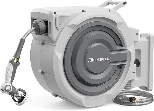 5/8" x 110 FT Retractable Garden Hose Reel by HOZEREEL, UV Resistant Hose Reels - Automatic Slow Self Retract Wall Mount Hose Reel Enclosed Storage, Any Length Lock 180° Swivel, 10 Pattern Nozzle