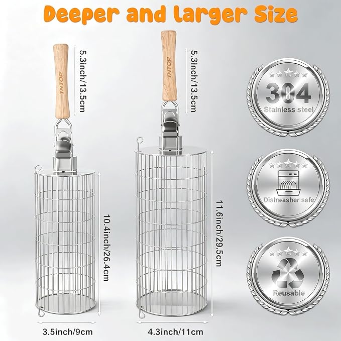 TNTOR Rolling Grill Basket, Larger 304 Stainless Steel Nesting Grilling Net, Removable Handle, BBQ Accessories Tools for Veg Shrimp, Outdoor Cooking Camping Father's Day grilling gifts for men Dad
