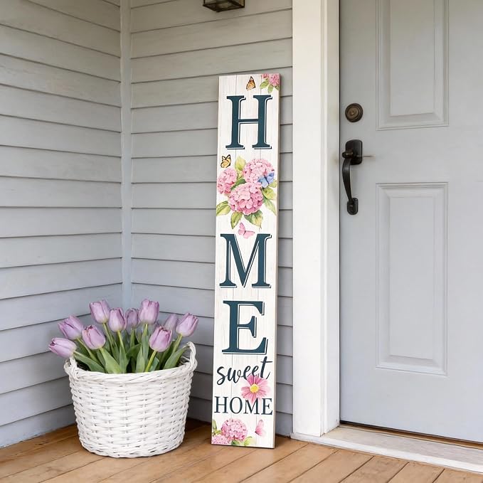 Home Sweet Home Welcome Sign for Front Porch, 47" Wood Framed Porch Sign Spring Hydrangea Flower Decorations with Hanging Rope, Farmhouse Yard Signs Home Decor for Outdoor Patio Gift for Family and Friends