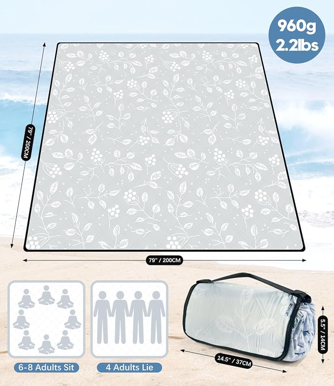 DEWUR Picnic Blankets 79"x79" Extra Large Outdoor Blanket Beach Blanket Waterproof SandProof Picnic Mat Washable Foldable Portable for Grass Lawn Beach Camping (Gray Leaves)