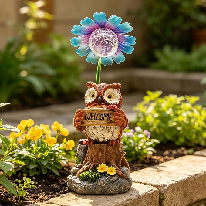 COWOS Solar Powered Owl Garden Statue with Glowing Flower Light, Hand-Painted Resin Figurine for Outdoor Patio, Yard, Lawn Decor, Gift for Nature Lovers