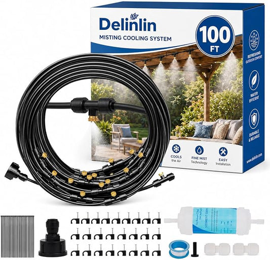 100FT Misters for Outside Patio, Outdoor Misting Cooling System with 20 Brass Nozzles & Filters, DIY Misting Kit for Backyard Garden Greenhouse Deck Umbrella Canopy Pool Porch Trampoline