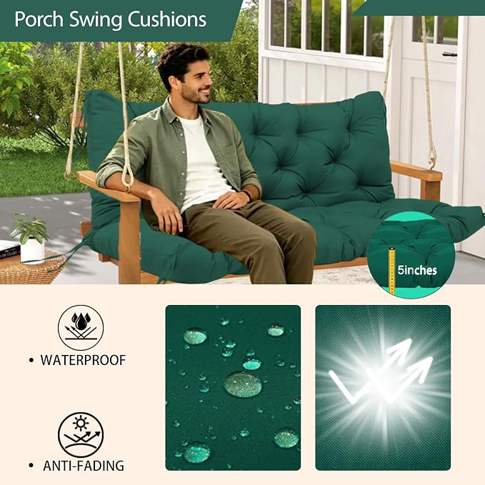 Porch Swing Cushions Waterproof Outdoor Swing Cushions 2-3 Seater Thicken 5" Dark Green Patio Swing Cushion with Backrest 70 ×40" Swing Replacement Cushion for Outdoor Furniture