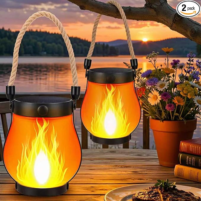 2 Pack Solar Flame Lantern Lights — Flickering Flame Hanging Lanterns Outdoor, Waterproof Garden Lights with 2 Modes Dual Charging USB & Solar Yard, Patio Decor