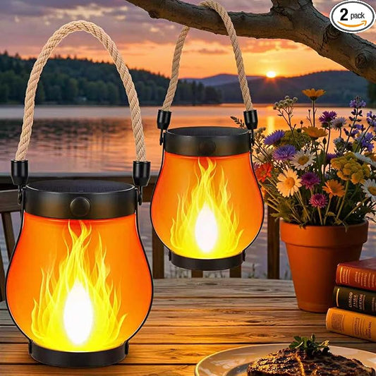 2 Pack Solar Flame Lantern Lights — Flickering Flame Hanging Lanterns Outdoor, Waterproof Garden Lights with 2 Modes Dual Charging USB & Solar Yard, Patio Decor