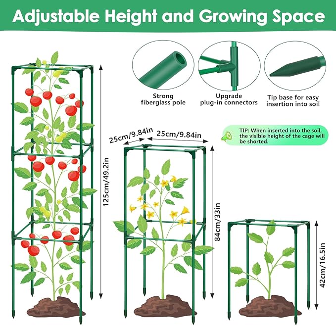3 Pack Tomato Cage for Garden, Upgraded Fiberglass Garden Trellis with 3 PCS Grow Bags, Square Tomato Planter Support Garden Cages for Cucumber Vegetables Vertical Climbing Plants