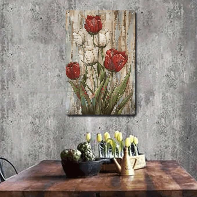 Metal Sign Tin Sign Vintage Wall Art Rustic Charm Tulips Tin Sign for Easy Installation Weather Resistant Design and Vintage Aesthetic Garden Tin Signs for Restaurant 12×16 Inches