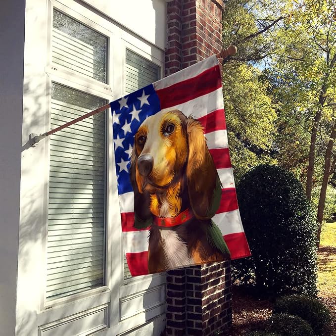 Caroline's Treasures CK6464CHF Bruno Jura Hound Dog American Flag House Flag Large Porch Sleeve Pole Decorative Outside Yard Banner Artwork Wall Hanging, Polyester, House Size, Multicolor