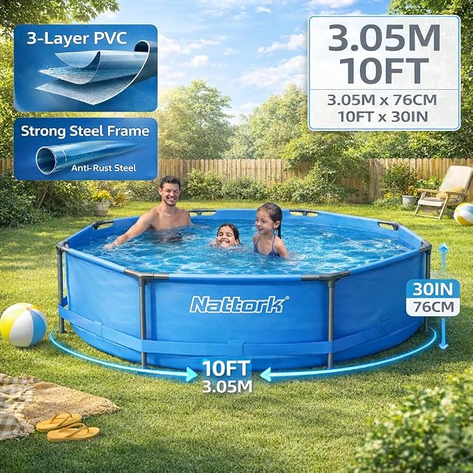 Nattork Above Ground Pool 10' x 30" Framed Swimming Pools, Outdoor Backyard Pool Round Family Pool Set Easy-Install Upgraded T-Pipe 1200 Gallon Pool Backyard Pool