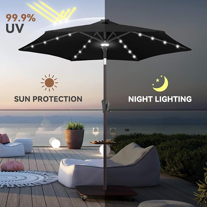 7.5FT Solar Umbrella Outdoor - Lighted Solar Patio Umbrella with 24 LED Lights Waterproof UV Protection, Table Umbrella with Tilt for Pool, Porch, Garden, Deck, Backyard (Black)